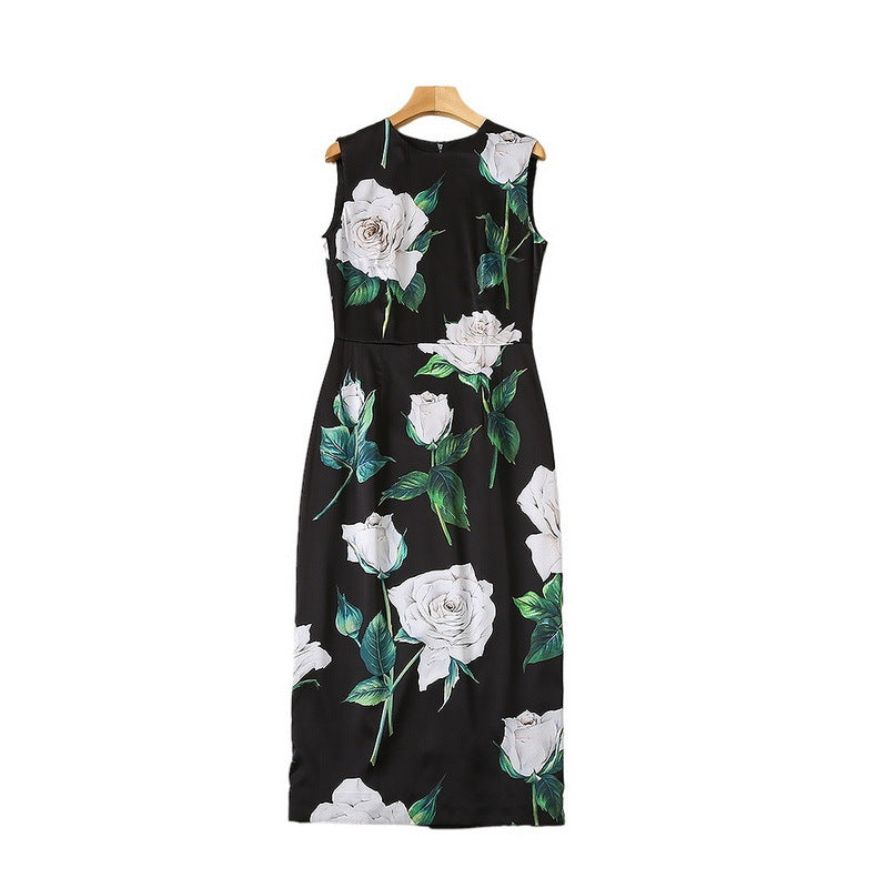 16 M Silkworm Silk Rose Print Sleeveless Dress