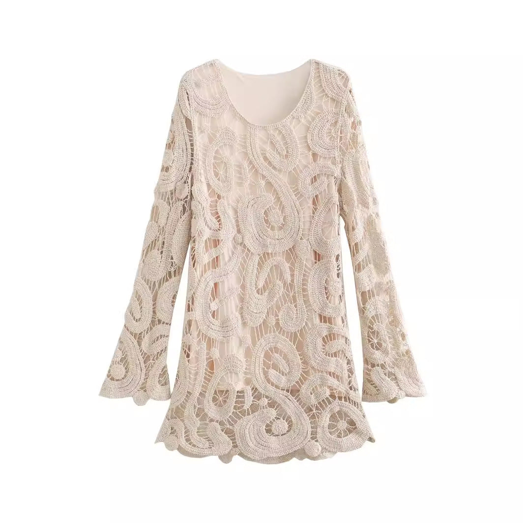 Women's Fashion Temperament Round Neck Loose Long Sleeves Crocheted Knitted Dress