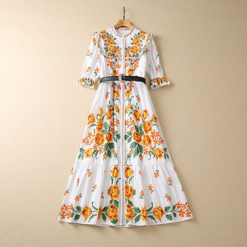 Wooden Ear Belt Waist Girdle Loose Printed Dress