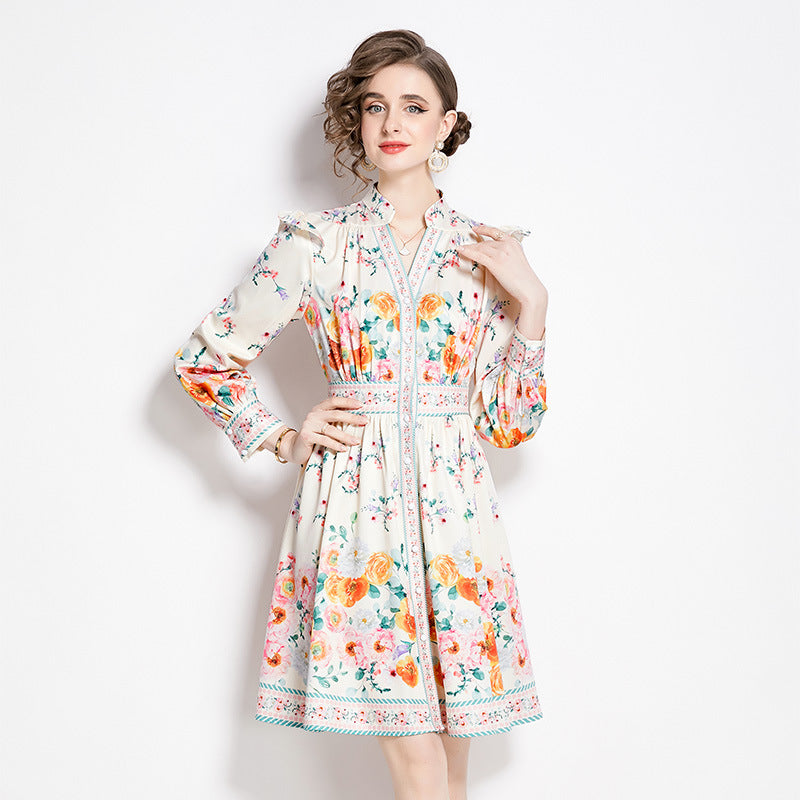 Robe courte Vintage Style Court, col en v, simple boutonnage, manches lanternes, printemps et automne 2024