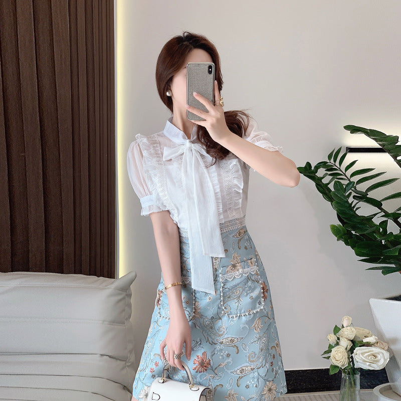 Tied Lotus Leaf Shirt Stitching Fake Two-piece Waist Slimming Temperament Dress