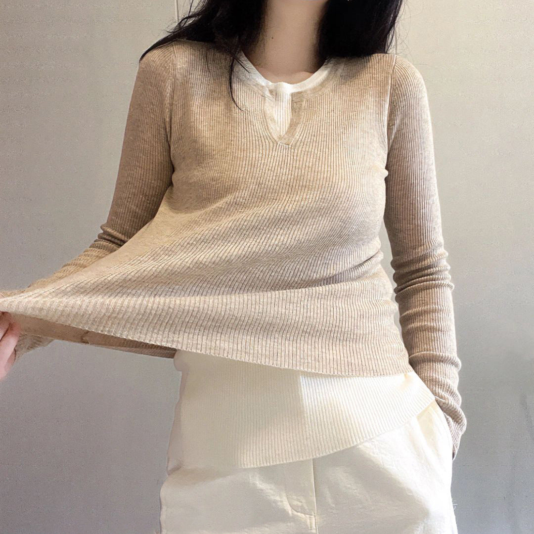 Worsted Round Neck False Two Pieces Woolen Women's Slim Stretch Bottoming Shirt Layered Sweater