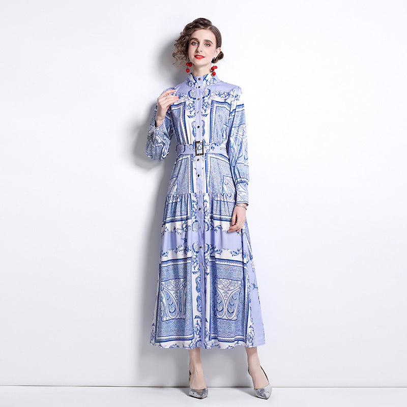 Vintage Totem Printing Temperament Long Sleeve Large Swing Dress