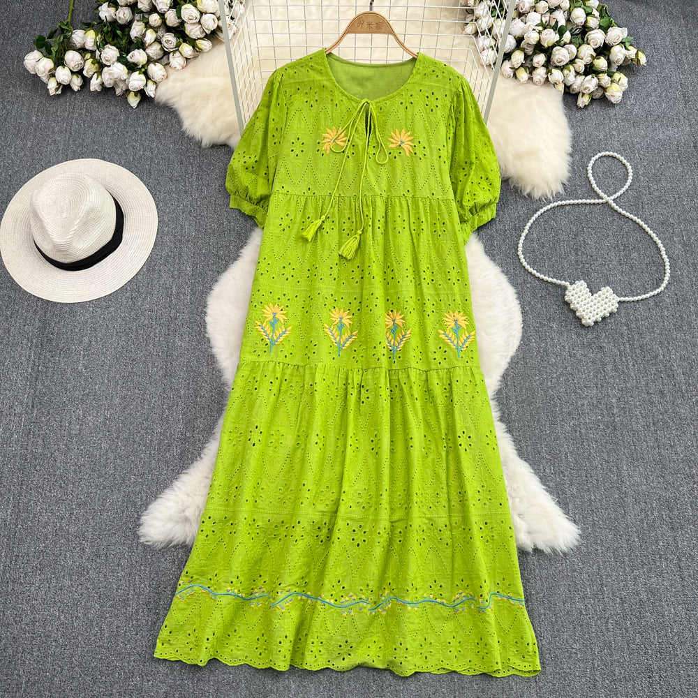 Sweet Puff Short Sleeve Round Neck Hollow Embroidery Dress