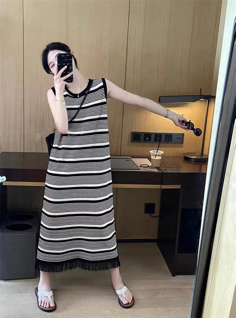 Tassel Striped Knitted Vest Sleeveless Dress