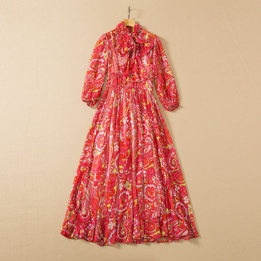 Chiffon Big Swing Tie-neck Floral Print Dress