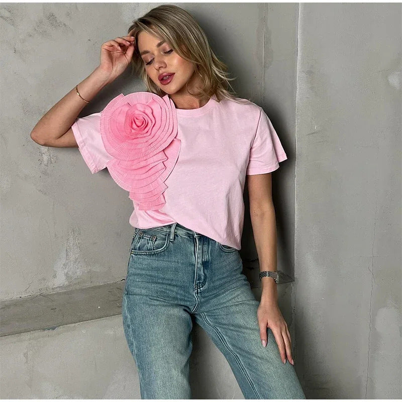 T-shirt Femme Elégant Col Rond Fleur 3D