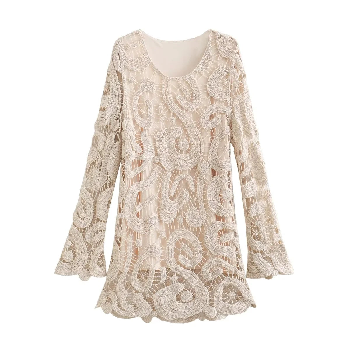 Women's Fashion Temperament Round Neck Loose Long Sleeves Crocheted Knitted Dress