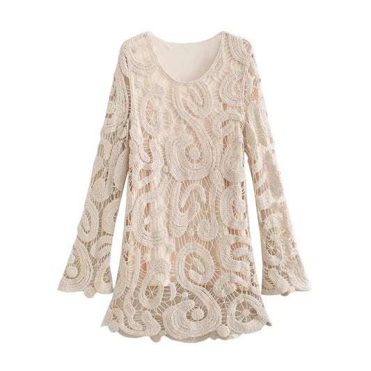 Women's Fashion Temperament Round Neck Loose Long Sleeves Crocheted Knitted Dress