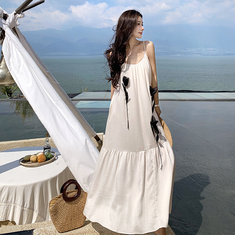 Three-dimensional Tulip Tencel Linen Vacation Style Sling Dress