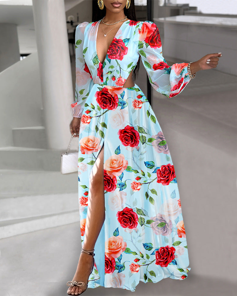 Fashion V-neck Fashion Women Hollow Out Printed Dress