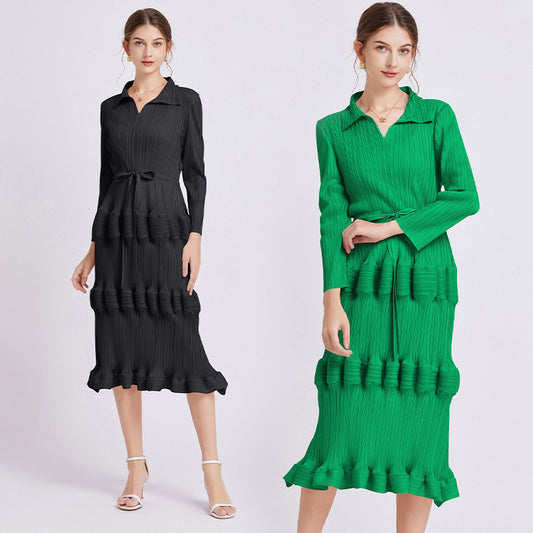 Fashion Dress Mid Waist Pleated Slim Fit Lantern Dress