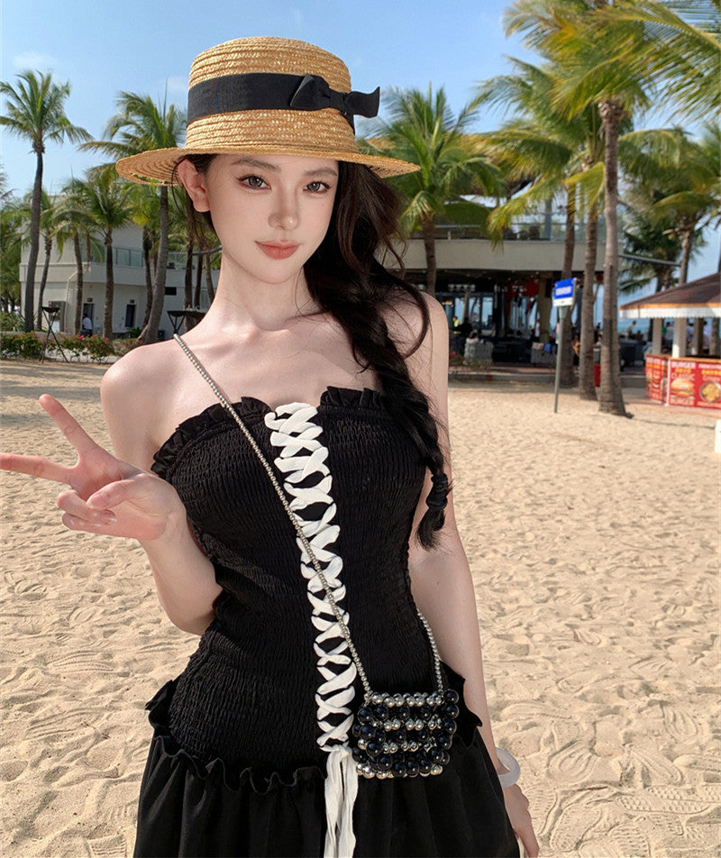 Travel Photos Black Chest Strap Smocking Strapless Dress