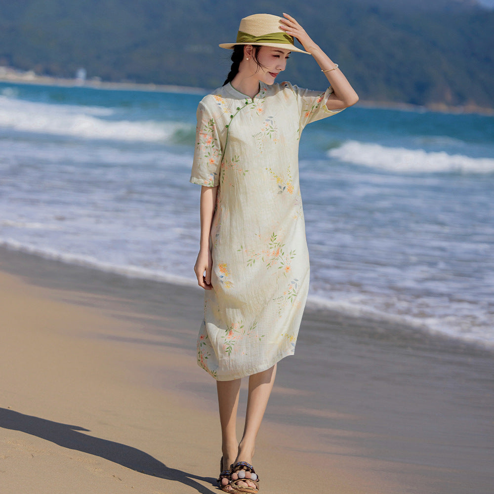 Travel Art Ramie Printed Improved Cheongsam Classical Stand-up Collar Medium-sleeve Dress