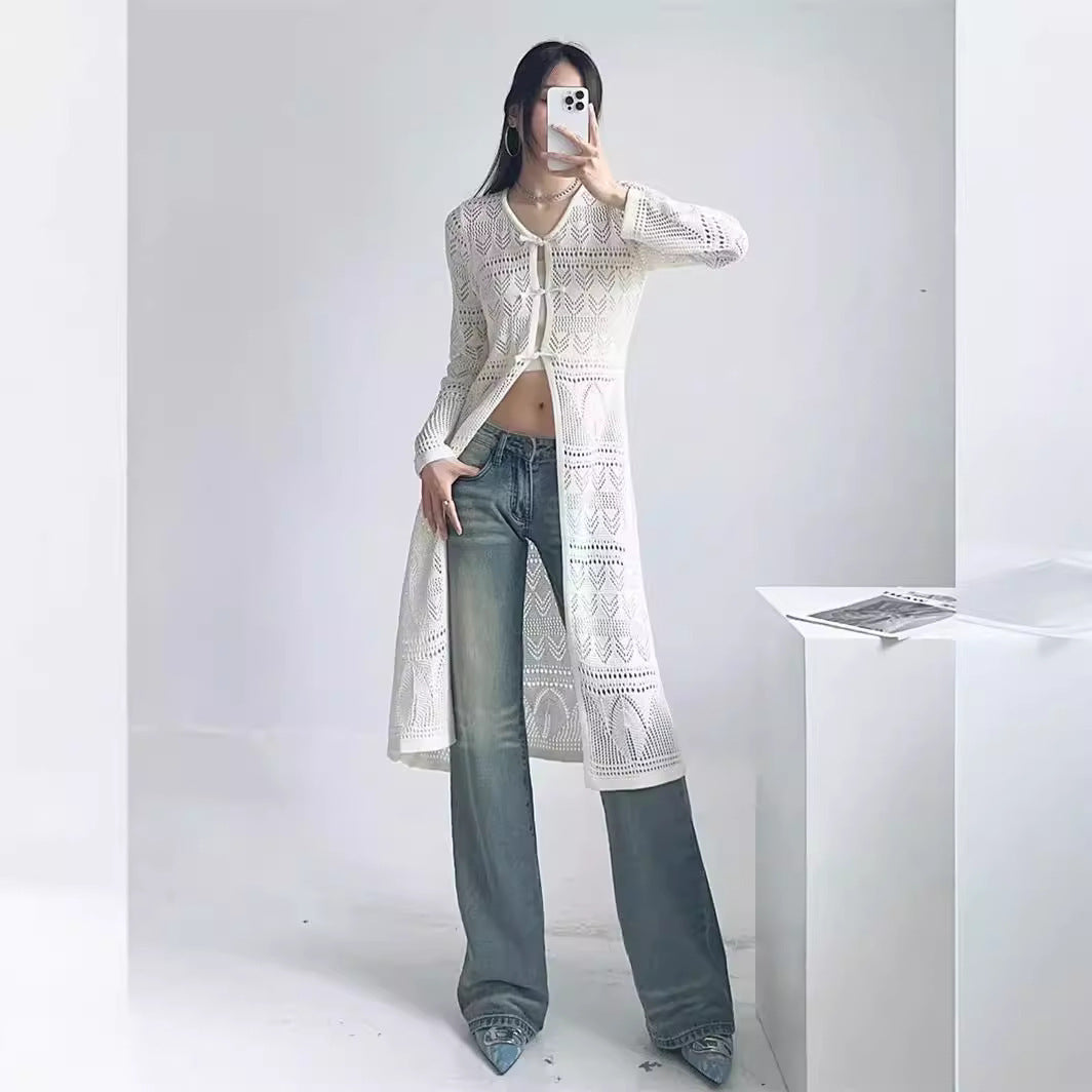 A Gust Of Neo-Chinese Wind Buckle Hollow-out Long-sleeved Knitted Cardigan Design Sense Long Below The Knee Slim Fit