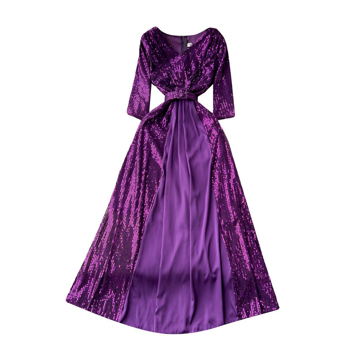 Robe longue élégante à paillettes et col en V