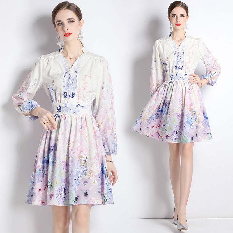 Robe élégante à manches longues et col en V vintage imprimé floral printemps