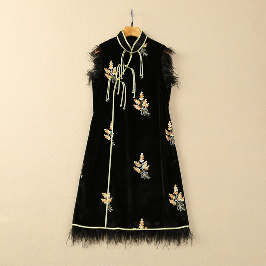 Feather Embroidered Stand Collar Oblique Placket Velvet Dress