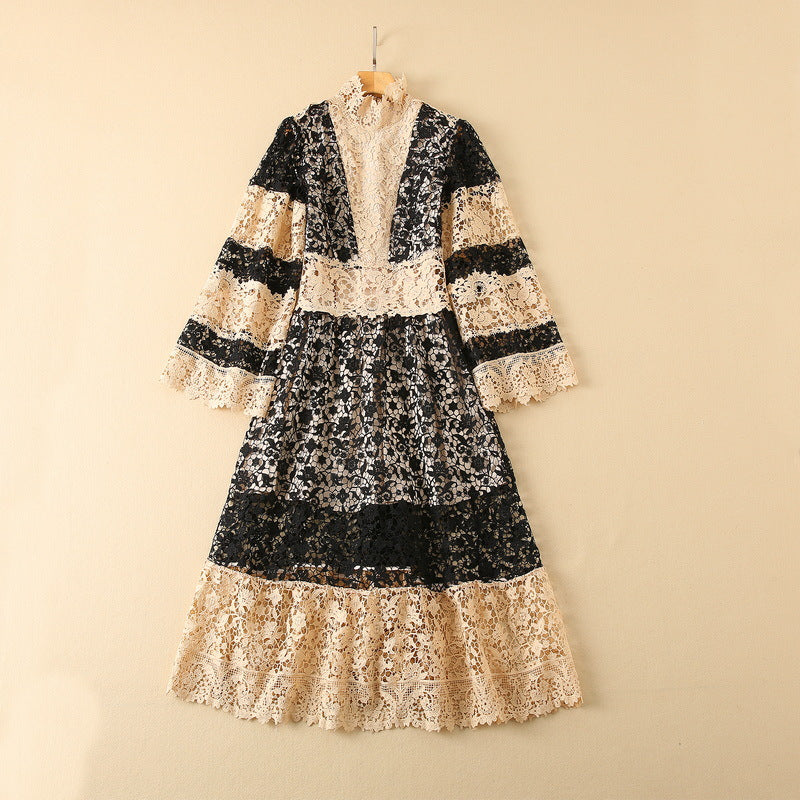 Water Soluble Color Contrast Patchwork Wide Long Sleeve Dress