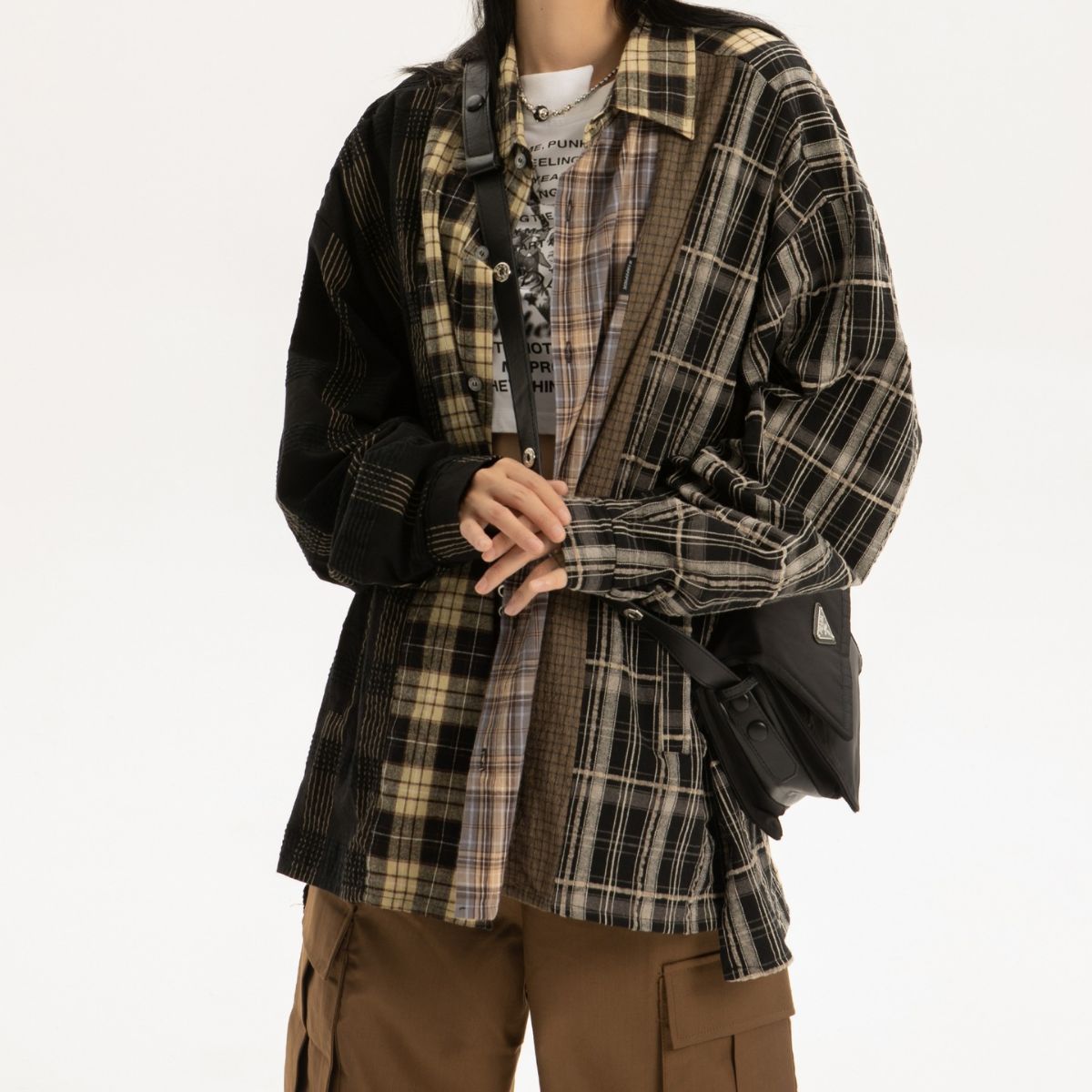 Women's Patchwork Plaid Long-sleeved Shirt Coat