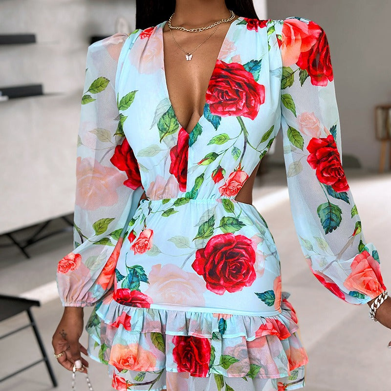 Fashion V-neck Fashion Women Hollow Out Printed Dress