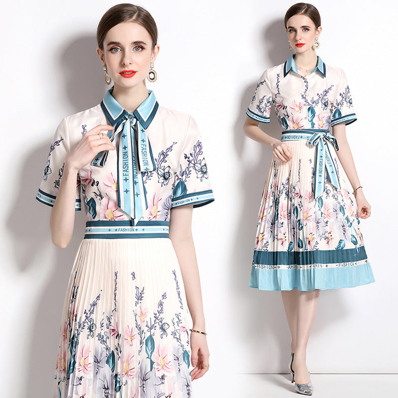 Fashion Elegant Short Sleeve Waist Pleated Printing Dress With Belt