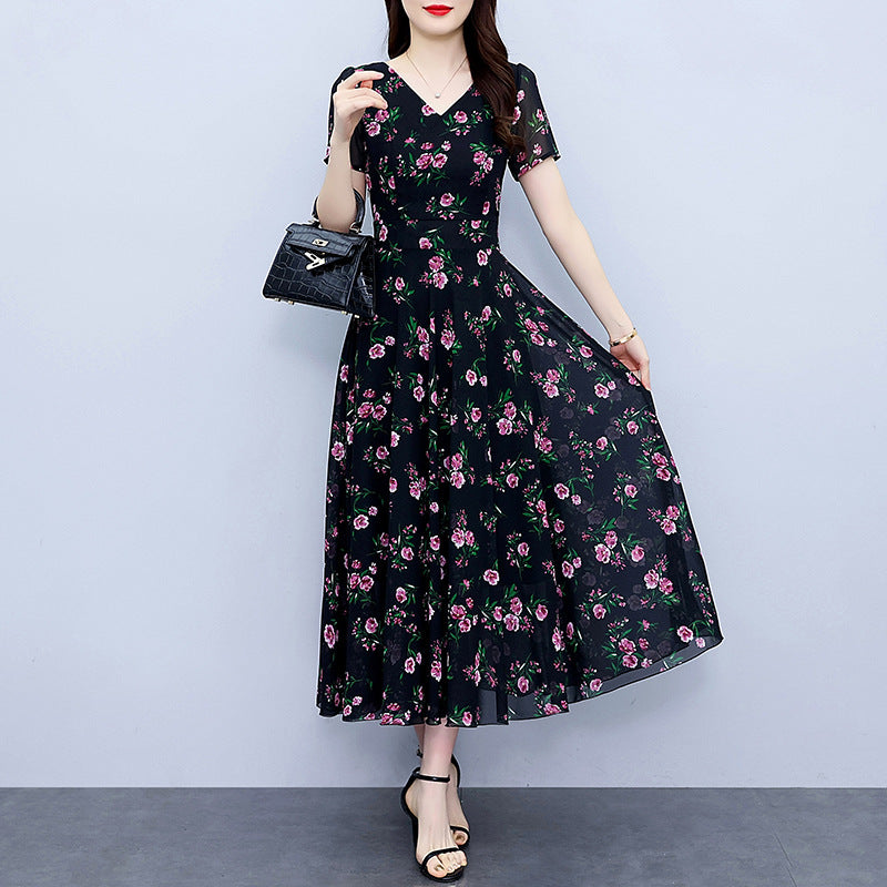 Chiffon Floral Dress Plus Size Plump Girls Waist-tight