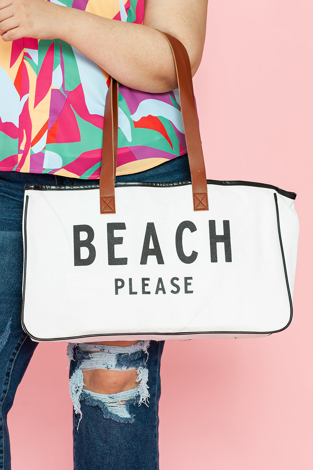 Bolsa tote de lona grande blanca con estampado PLAYA POR FAVOR