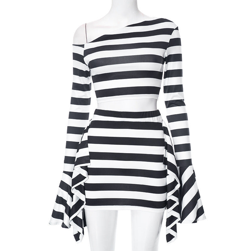 Casual Zebra Prints Cropped Horn Long Sleeve Top Skirt Suit