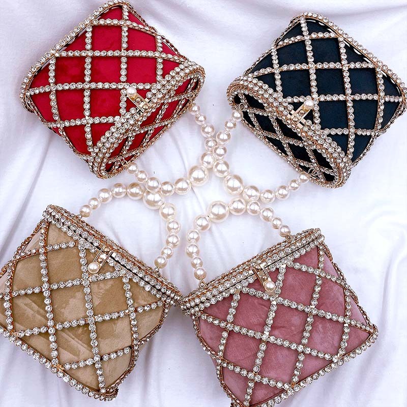 Sac à main tendance creux en forme de panier à diamants pour femme