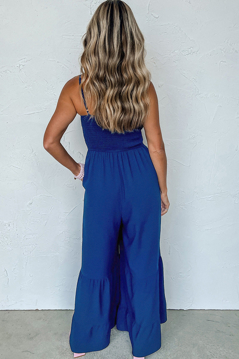 Women's Solid Color High Waist Strap Fitted Waist Jumpsuit