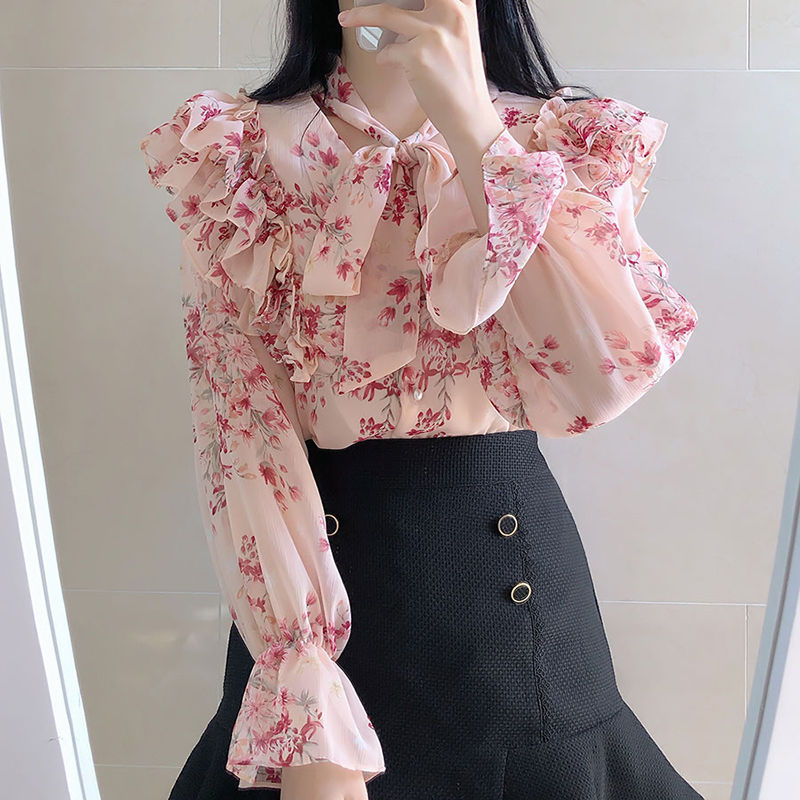 Floral Chiffon Shirt New Flare Sleeve Ruffle Top Women