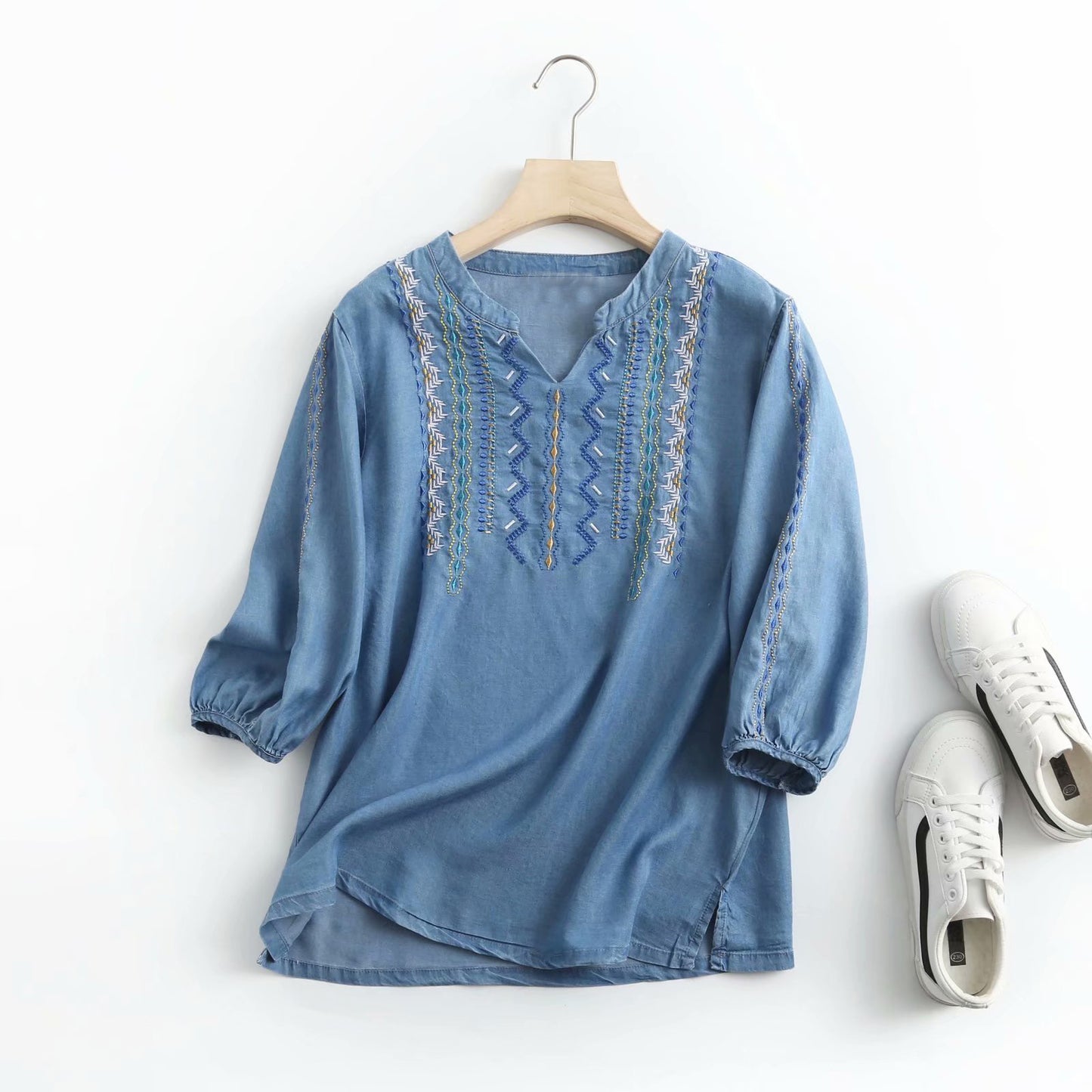 Women's Spring New V-neck Embroidered Tencel Denim Shirt