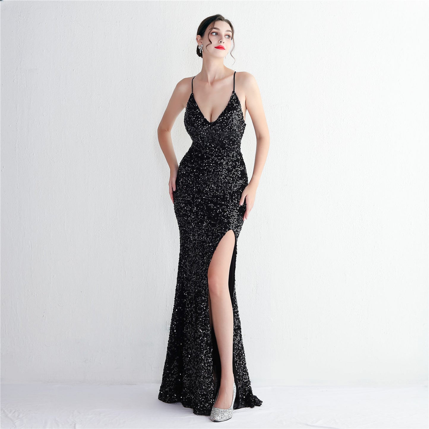 Velvet Bottom Sequin New Suspender Party Sequined Dress Long Banquet Slim-fit Evening Dress Elegant