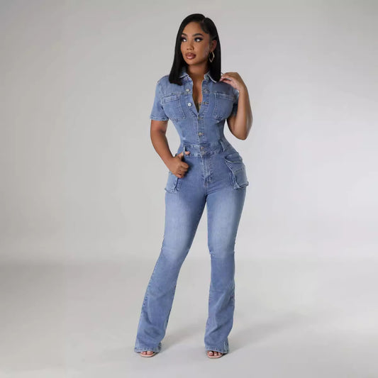 Combinaison Denim délavée à manches courtes pour femme