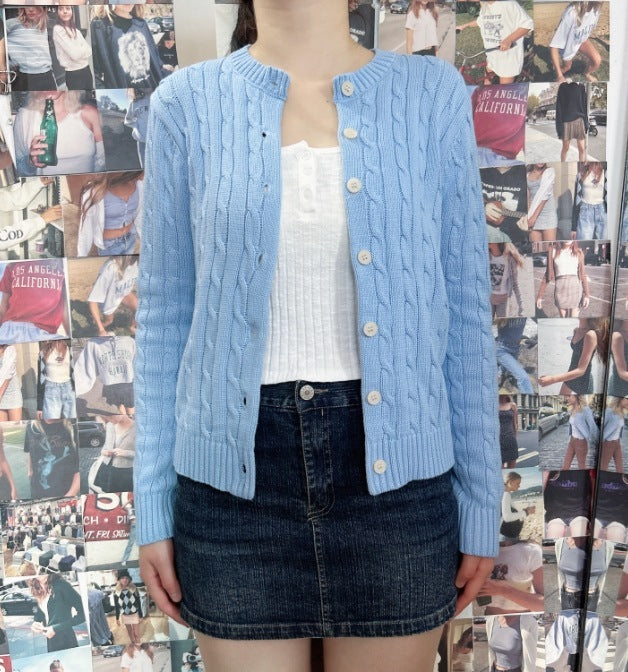 Cardigan tricoté torsadé bleu rétro américain