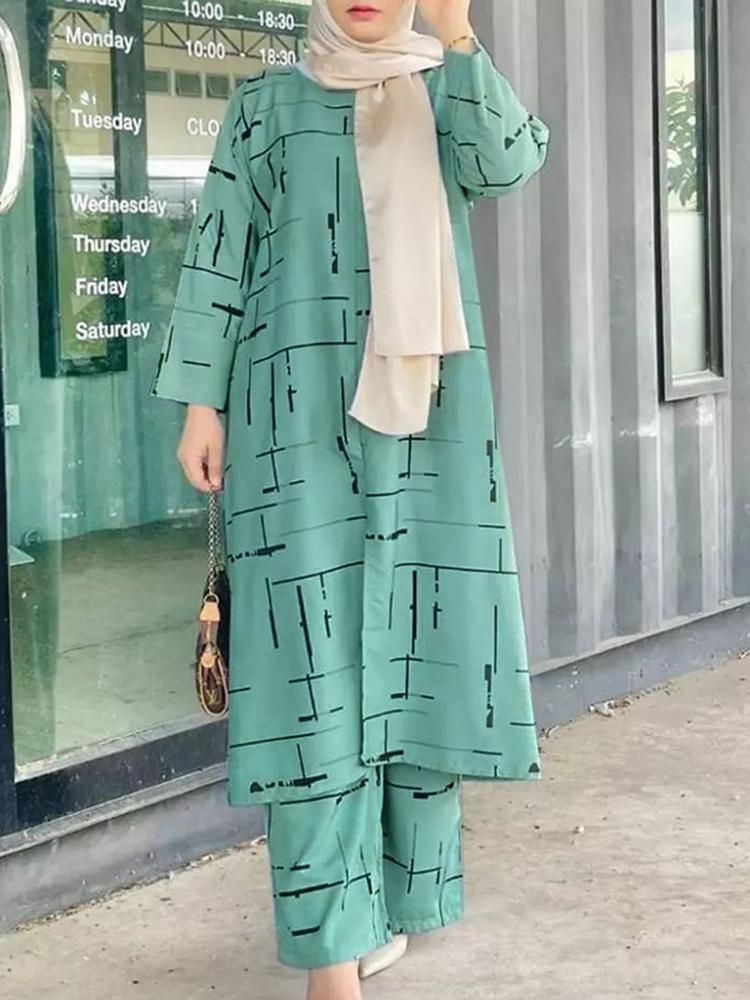 Women's Muslim Print Daily Suit Army Green Fashion Casual Set