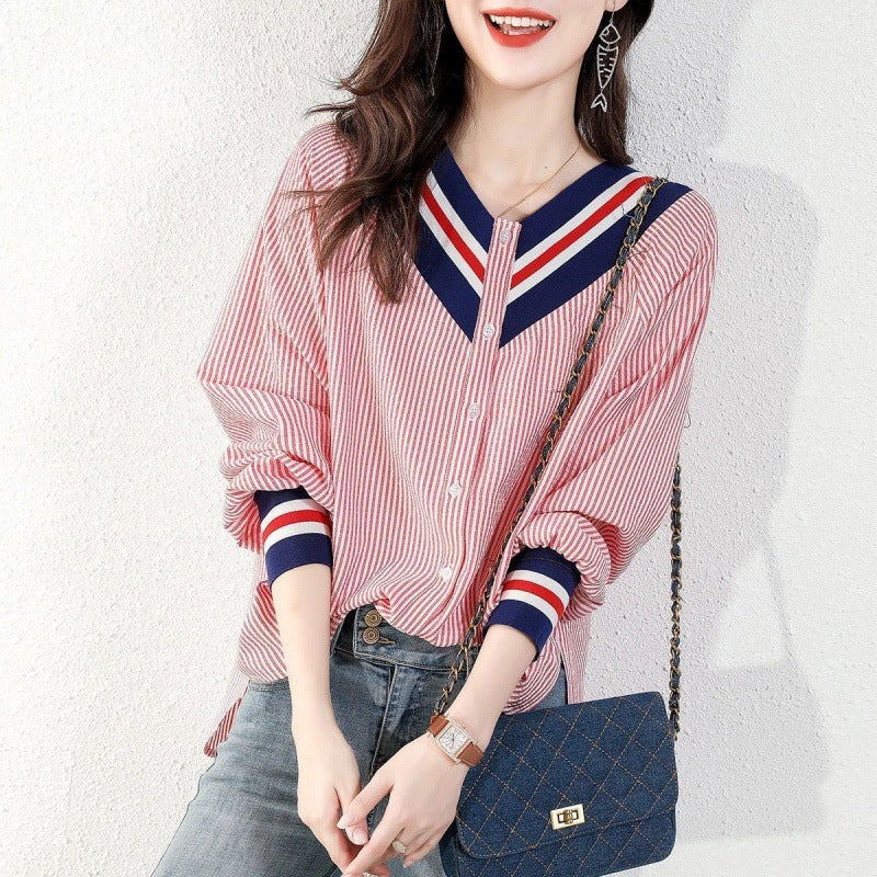 Women's Temperament Striped Loose And Slim V-neck Shirt For Women