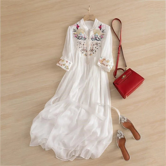 Embroidered Long Skirt Round V-neck Pleated 34 Sleeve Dress