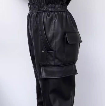 Unique And High-end Feeling, Slim Fitting Black PU Leather Work Suit And Jumpsuit For Women