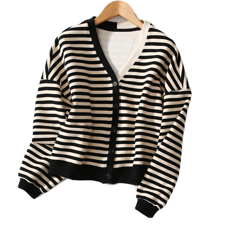 V-neck Horizontal Stripes Hit Color Casual Jacket Women