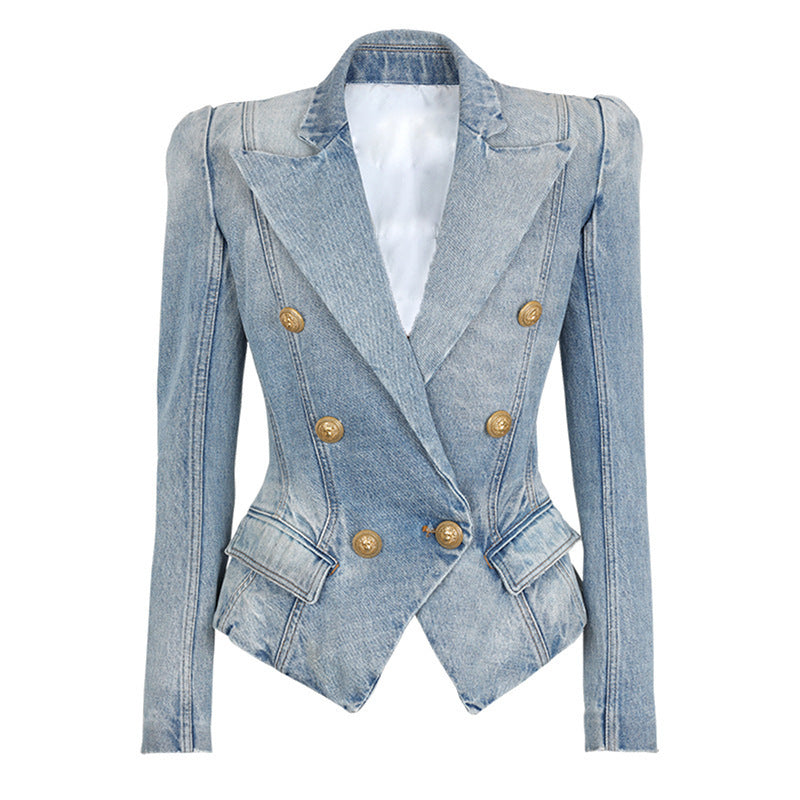 Veste de costume en jean slim à double boutonnage et boutons de lion pour femme