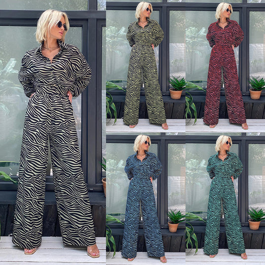 Fashion Print Lapel Long Sleeve High Waist Loose Casual Jumpsuit