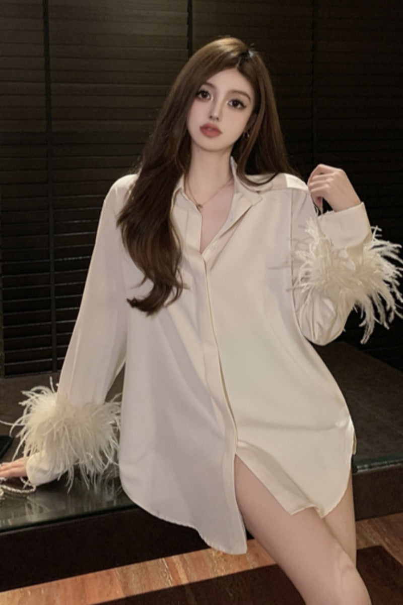 Women's Fashion Mid-length Satin Shirt With Ostrich Fur Cuffs