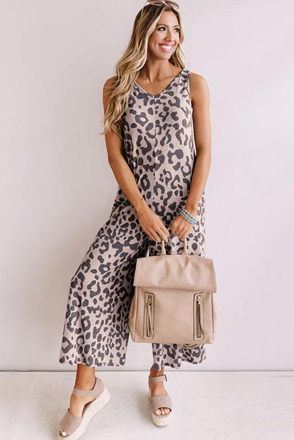 Leopard Print Pockets Wide Leg Sleeveless Jumpsuit