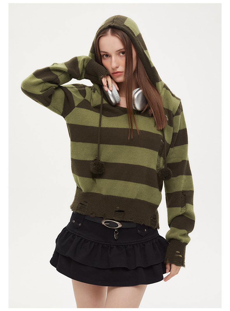 Autumn Hooded Sweater Women Contrast Stripe Thin