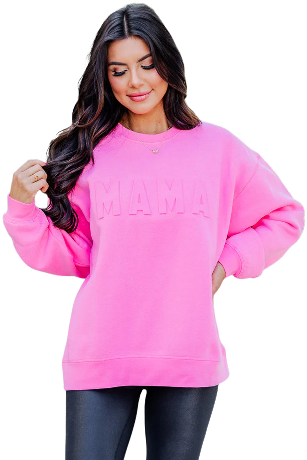 Sudadera informal con estampado de letras MAMA en color rosa brillante