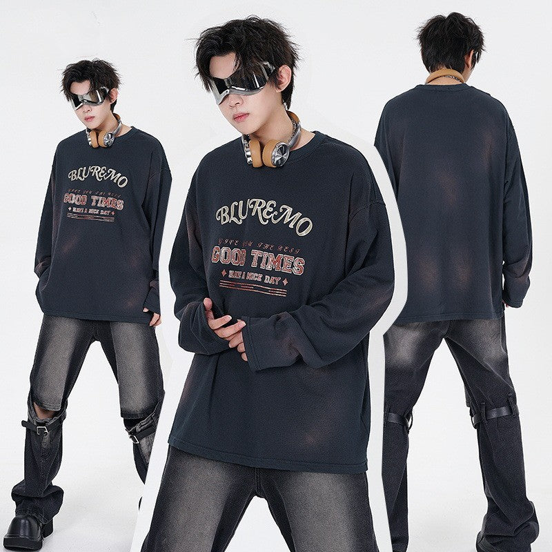 Dark Washed Gold Printing Crew Neck Pullover Sweatshirt