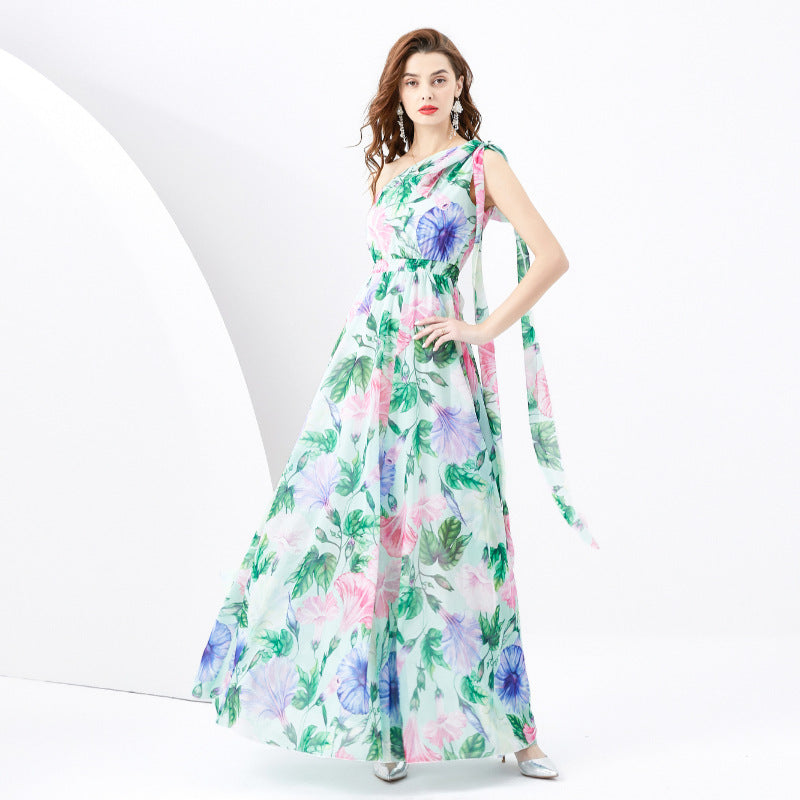 Vacation Style One-shoulder Sleeveless Ribbon Long Wide Swing Printed Dress