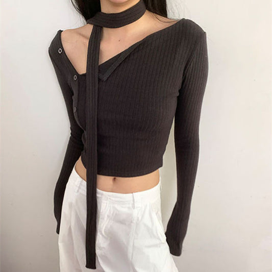 Fashionable Sunken Stripe Diagonal Buckle Design Korean Style Irregular With Personality Top Sweater